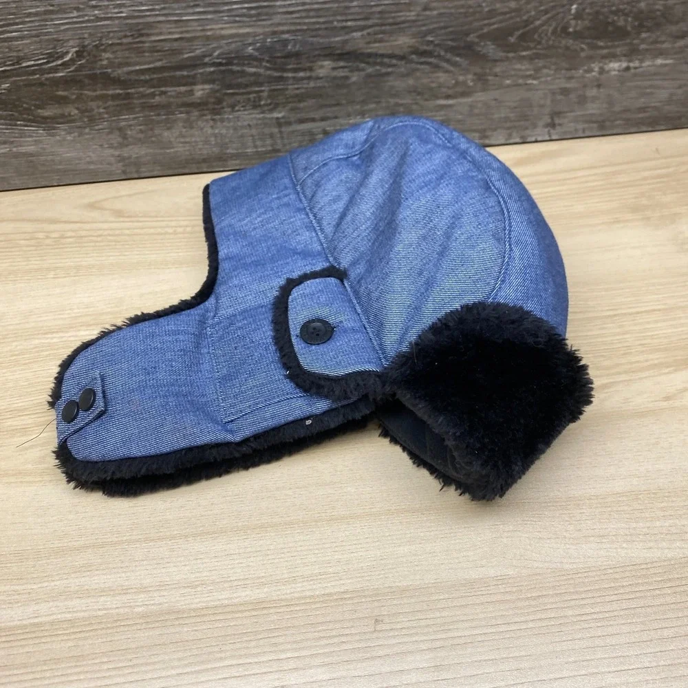 The North Face Hat Cap Trapper Blue Black Denim Faux Fur Ear Flap Winter Outdoor